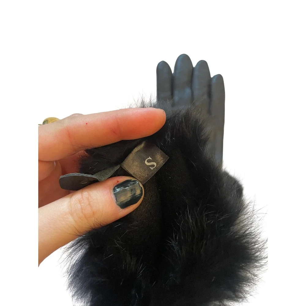 Black Leather Fur Trim Gloves Lined Winter Size S